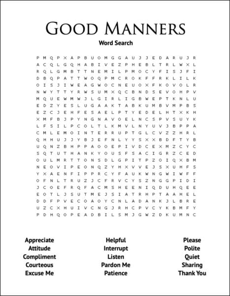 Good Manners Word Search - Printable for Children